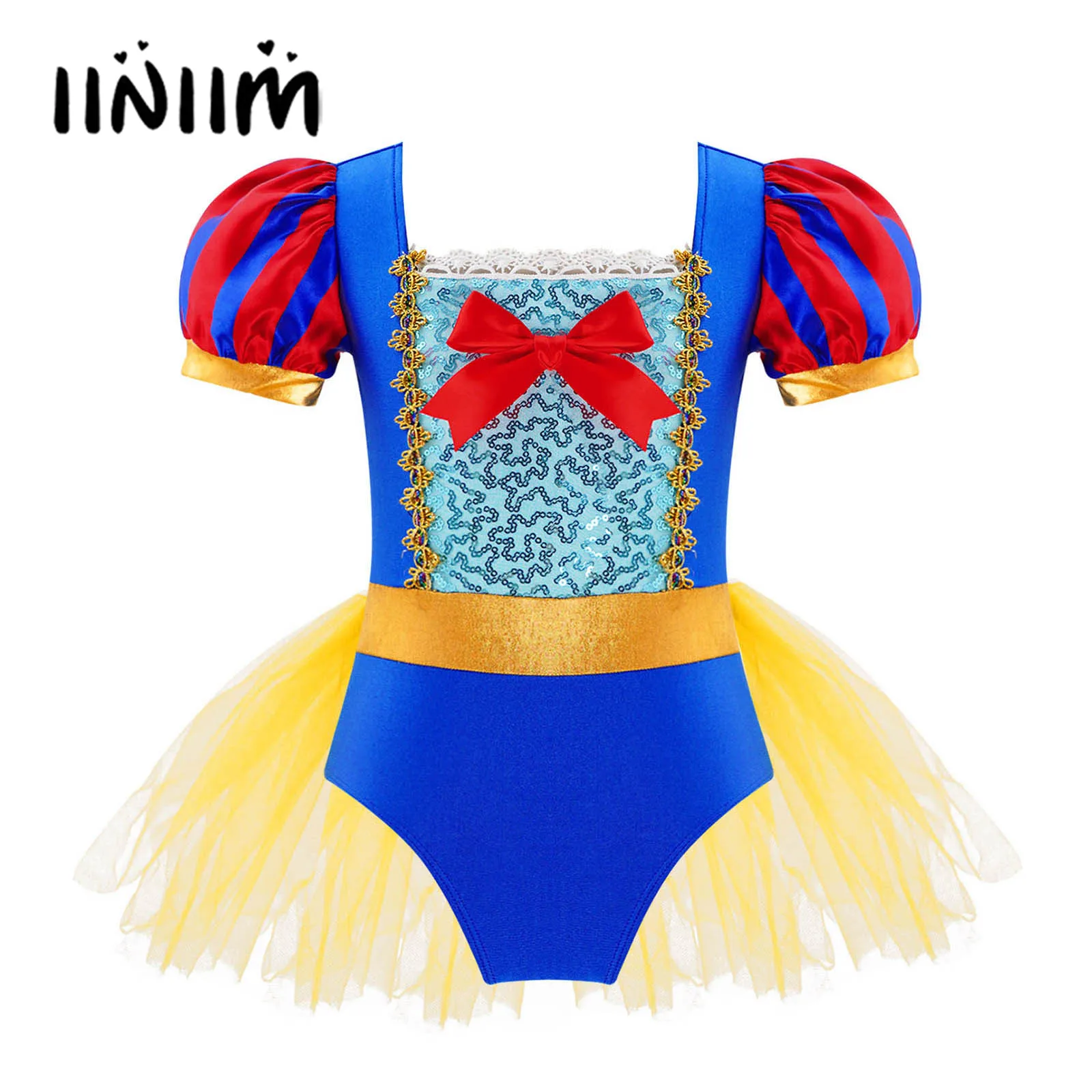 

Kids Girls Carnival Cosplay Costume Roleplay Outfit Short Puff Sleeves Sequins Adorned Bodice Leotard Jumpsuit with Mesh Hem