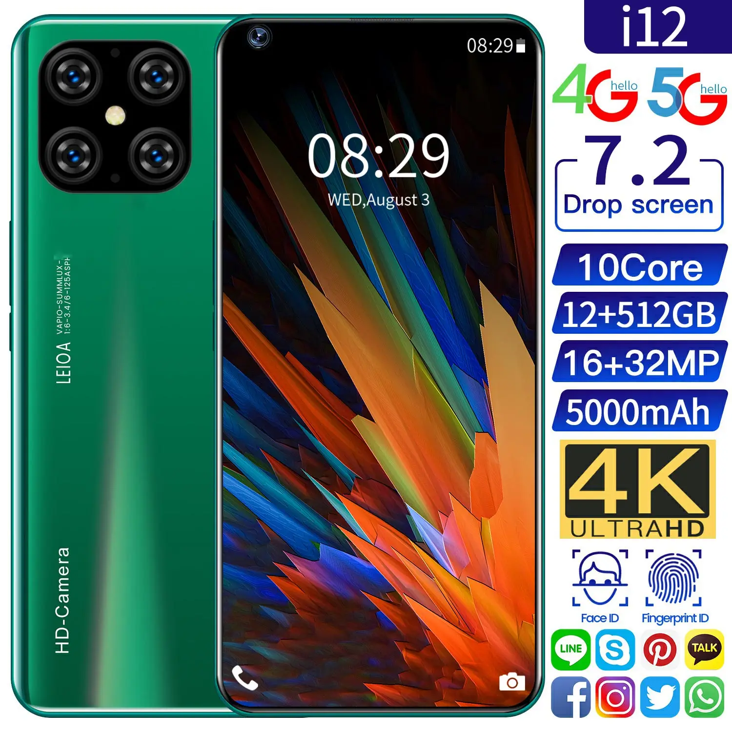 

2021 New 7.2 Inch Global Version i12 Smartphone 12GB 512GB 5000mAh Android 10.0 Snapdragon 865 Mobilephone Face ID GPS Phone
