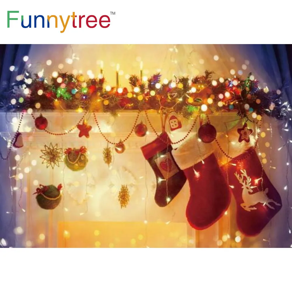 

Funnytree Christmas Party Background Socks Lights Banner Fireplace Gold Bells Glitter Dots Gifts Children Photobooth Backdrop