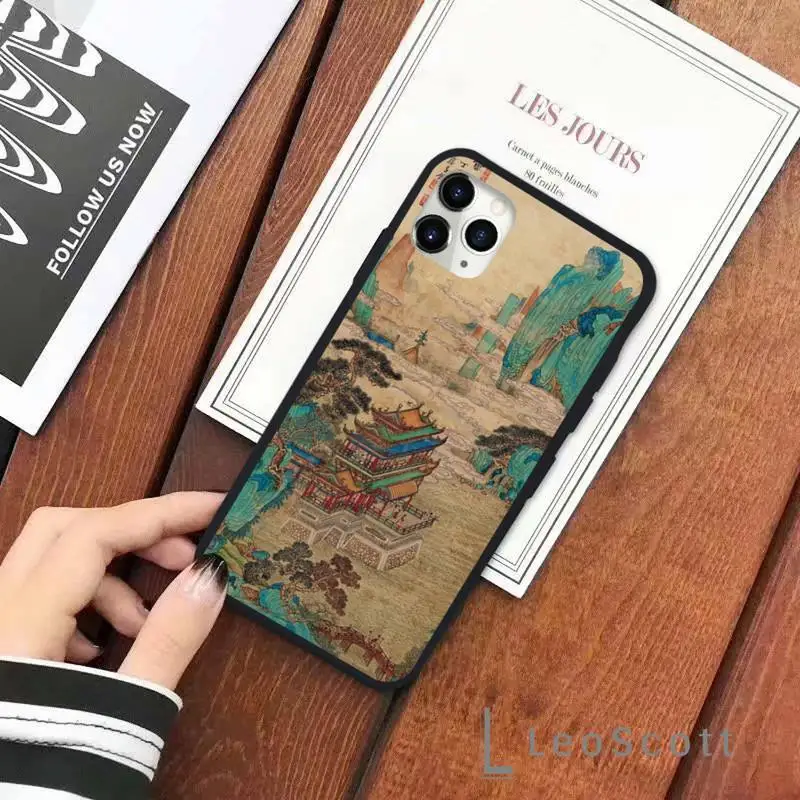 

Chinese wind mountains rivers illustration retro art Phone Case for iPhone 11 12 pro XS MAX 8 7 6 6S Plus X 5S SE 2020 XR Soft