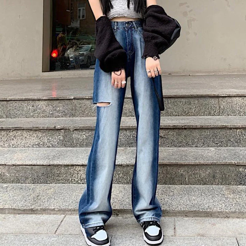 

Gradient Ripped Jeans Women High Waist Full-Length Hole Mop Denim Trousers 2021 Streetwear Vintage Chic Loose Wide Leg Pants