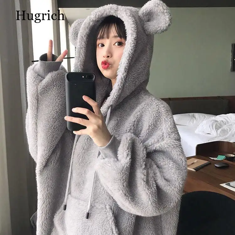 Милые женские толстовки пуловер для девочек зимняя свободная пушистая толстовка