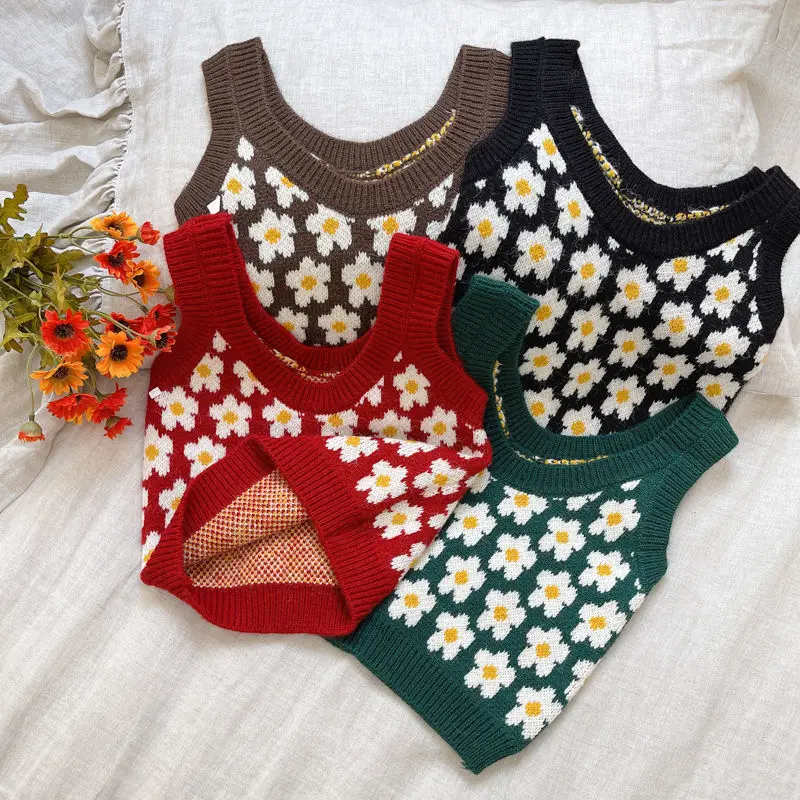 

Kids Girls Knitted Sweaters Floral Print Sleeveless Vest 2021 New Arrival Children Spring Autumn Clothes Red Brown Black Vest
