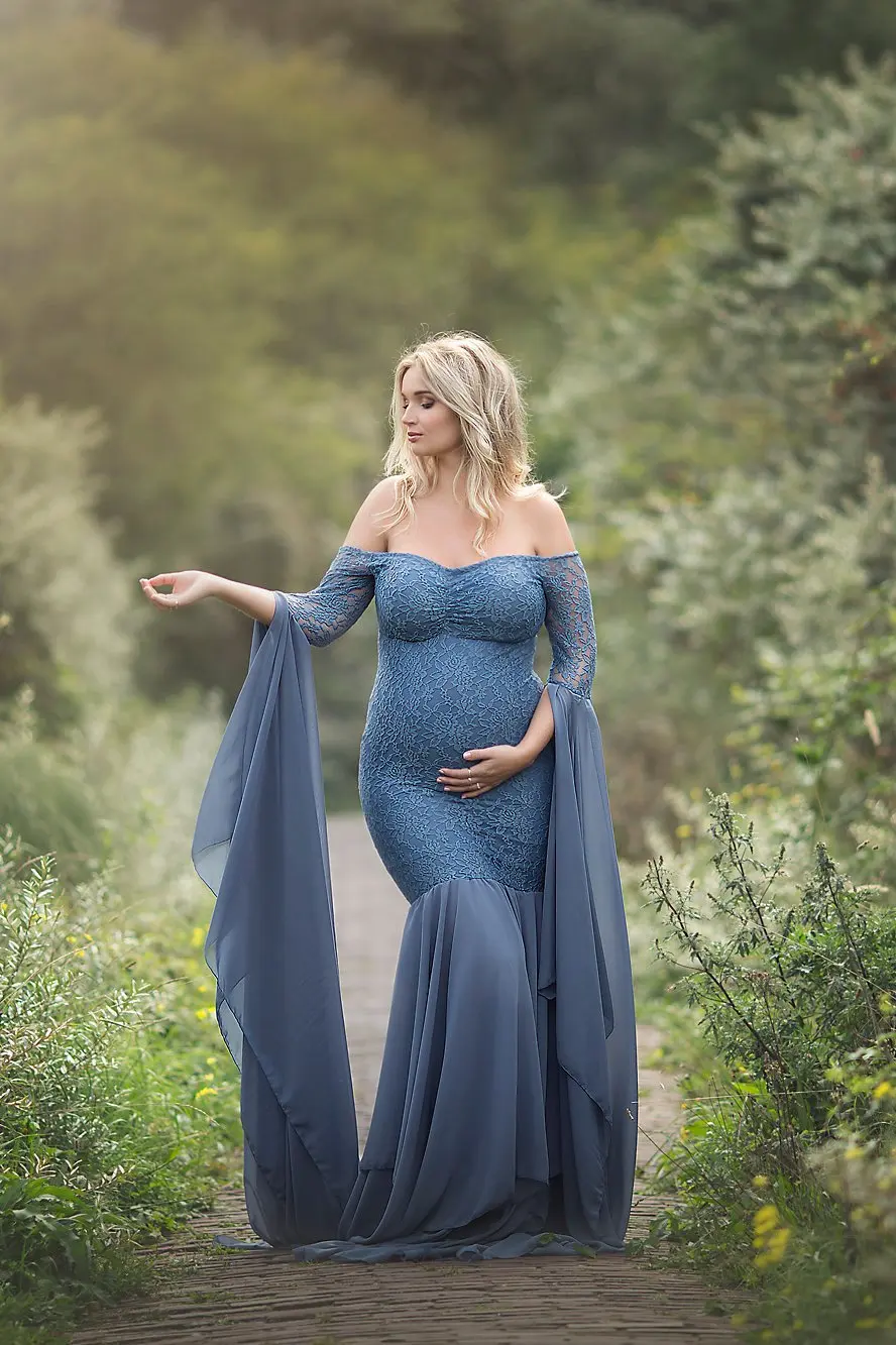 

women's lace splicing pregnant women's long sleeve dress photography flying sleeve dress