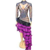 shining sequins striped cascading ruffle dress asymmetrical long trailing dresses dance wear stage wear club costume for women
