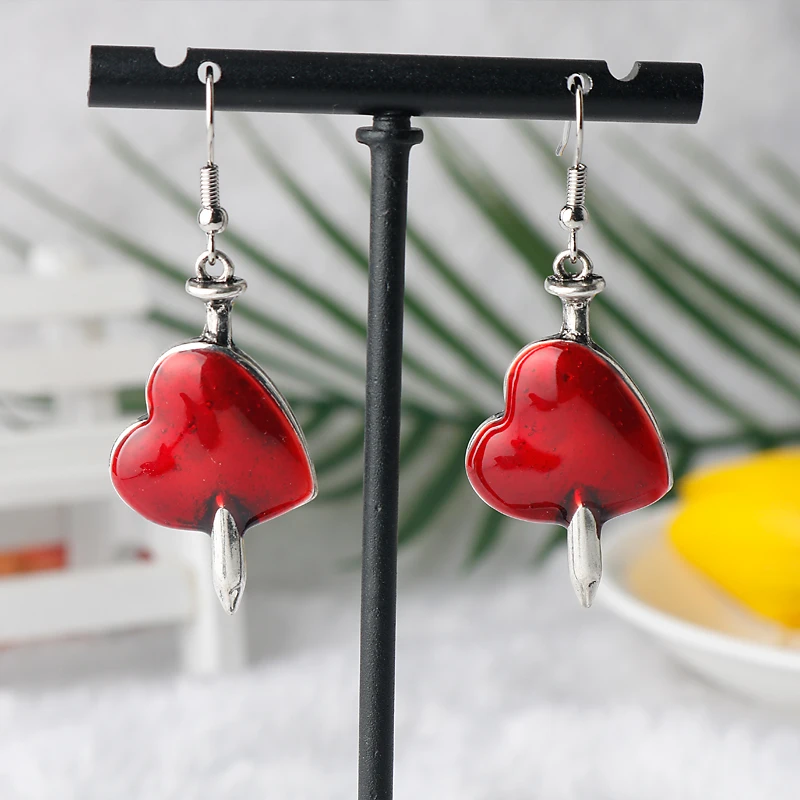 

European American Dark Wind Red Oil Dripping Earrings Woman My Heart is Hurt Heart-Shaped Funny Antique Silver Earrings Jewelry