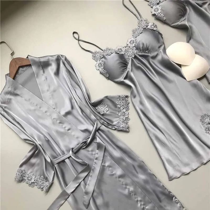 Корейский стиль шелковые женские сексуальные кружевные пижамы из 4 предметов