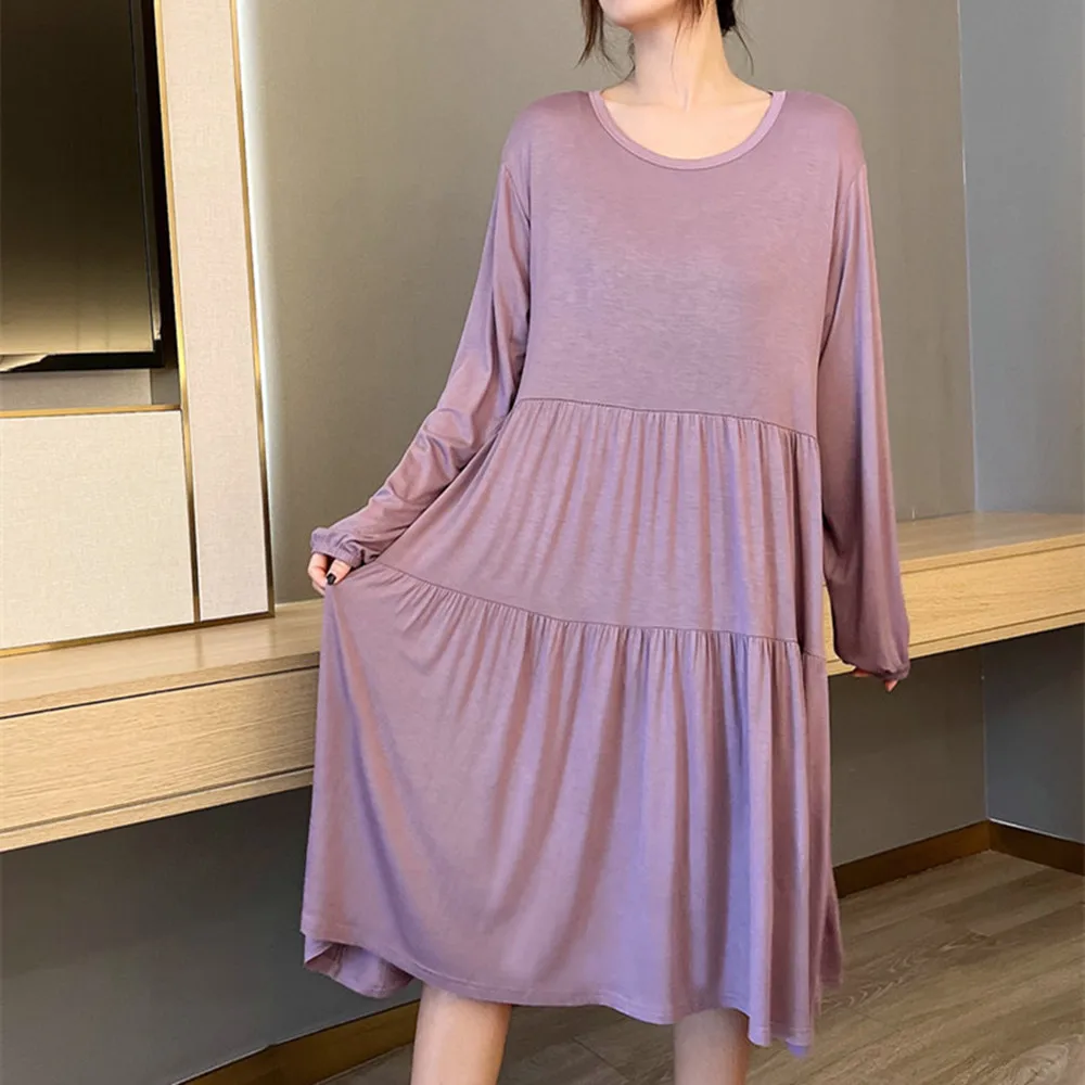 Fdfklak Long Sleeve Casual Nightgown New Spring Summer Thin Home Dressing Gown Female Loose Nightwear Modal Sleepwear