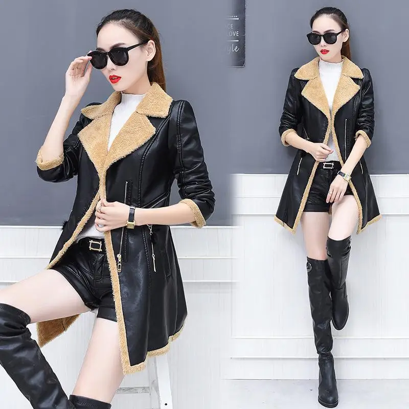 

Fur one autumn and winter leather jacket women 2019 new fashion black PU leather jacket coat Slim Big fur Outwear Plus size 4XL