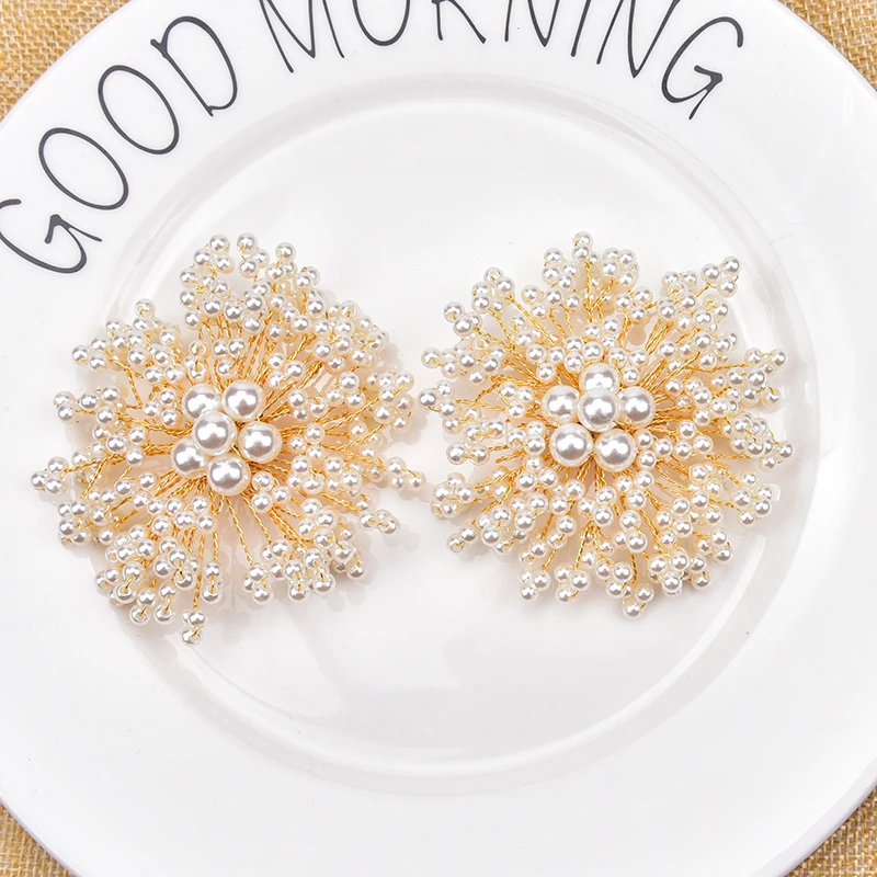 

8cm Flower patches 5pcs Round Shape Flatback pearl Beaded applique Cute Handmade DIY Clothes Wedding Dress Sewing Craft Decor