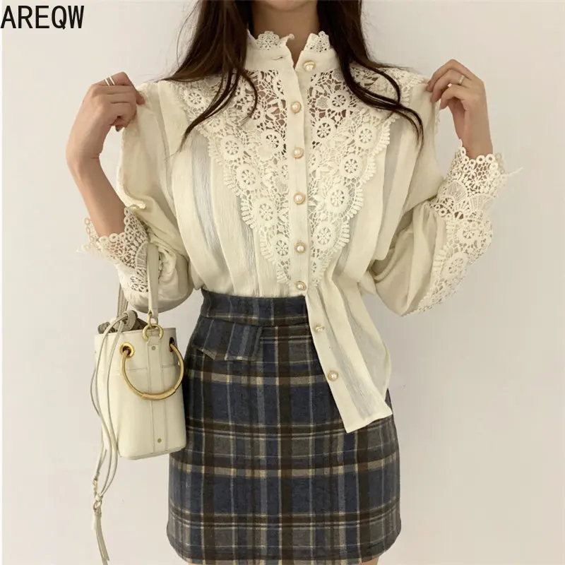 Кружевные Элегантные женские топы с длинным рукавом весенне осенние блузки