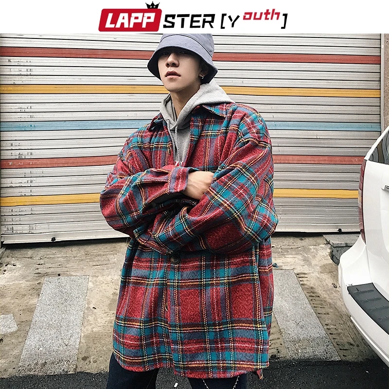 LAPPSTER-Youth мужские уличные Клетчатые Шерстяные Пальто Harajuku винтажные корейские стильные куртки пальто мужские s хип хоп куртки ветровки