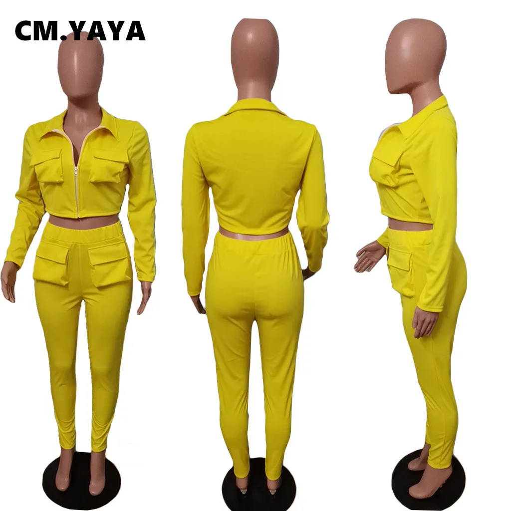 

Active Women's Set Long Sleeve Crop Top Pencil Pocket Pants Matching Set Sport Tracksuit Fitness Two Piece Set Outfit Streetwear