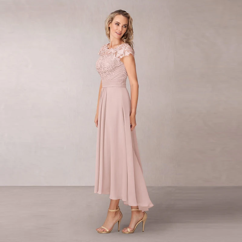 

Blush Mother Of The Bride Dresses A-line Cap Sleeves Chiffon Appliques High Low Long Groom Mother Dresses For Weddings