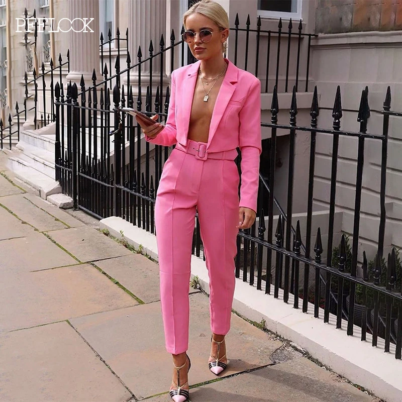 Pink PFFLOOK летний комплект из двух предметов для работы OL пиджак и шорты женский комплект 2 шт. поясом с рукавом 3/4 Женский комплект из двух предметов - Цвет: Pink