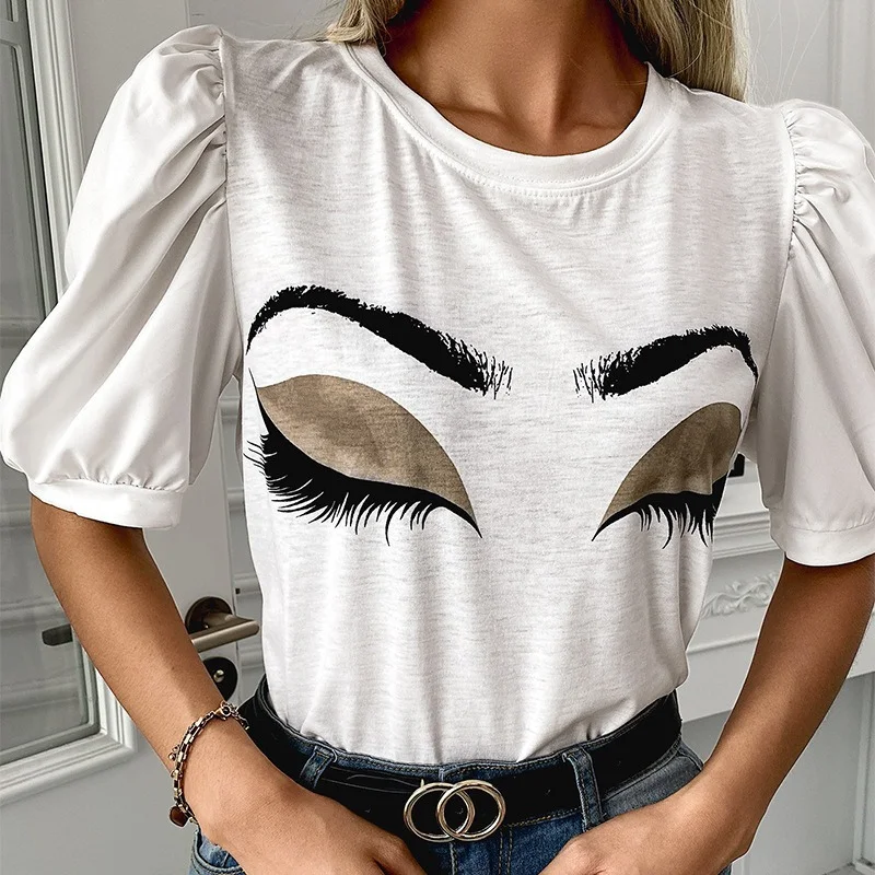 

Женская футболка с принтом, круглым вырезом и рукавами-фонариками