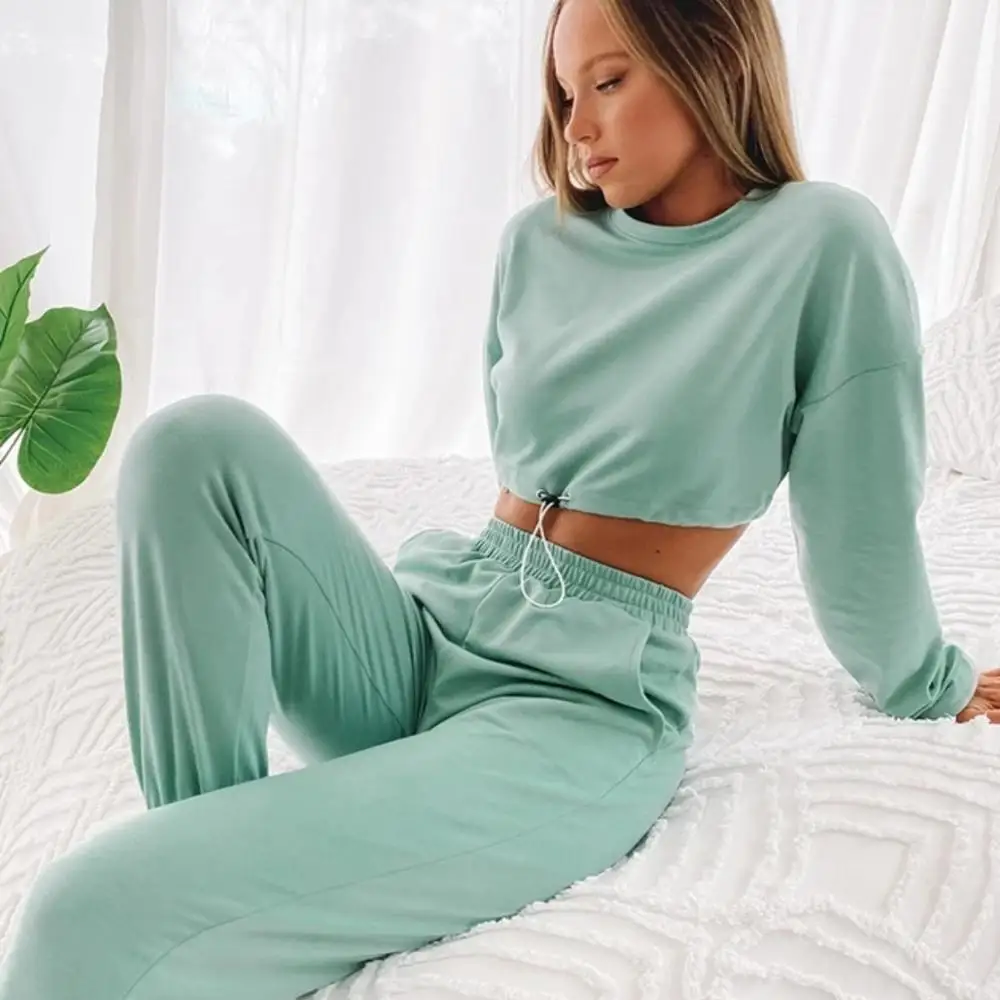 

woman 2 pieces clothes set casual cropped sweatshirt drawstring with elastic waist long pants solid jogging female clothes set