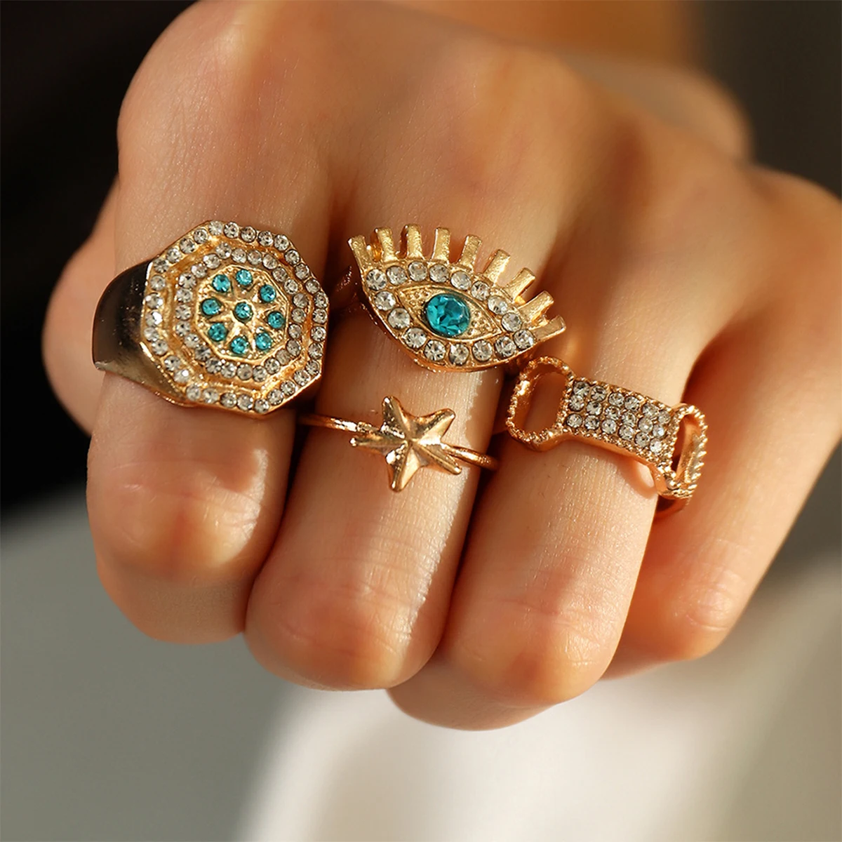 

Vintage Boho Crystal Evil Eye Geometric Rings Set For Women Female Zircons Punk Gold Knuckle Finger Ring Wedding Party Jewelry