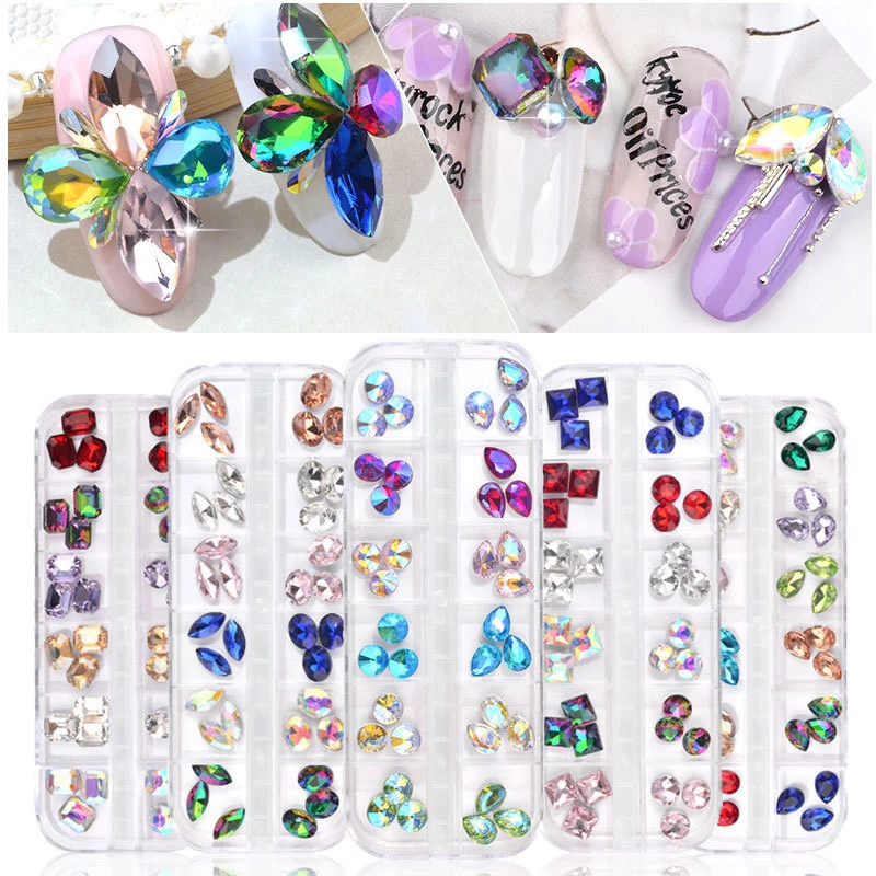 

1Box Colorful Nail Rhinestones Mixed Oval Waterdrop Round Chameleon AB Crystal Glass Gems Strass 3D Glitter Nail Art Decorations