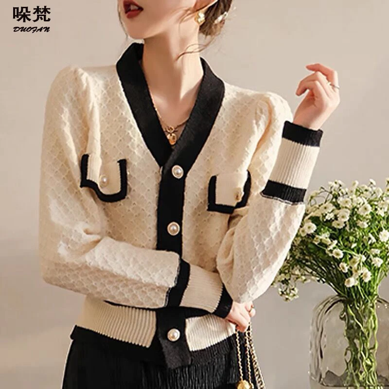 

DUOFAN Cardigan For Women Patchwork Pearl Buckle Knitted Sweater Coat Elegant V Neck Vintage Casual Loose Chic Knitwear Jumper