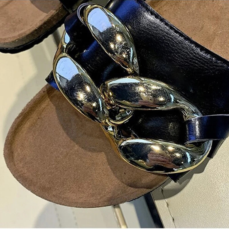 

Summer Slippers Women Beach Open Toe Flat Slides Female Casual Metal Chain Decorated Lady Fashion Shoes