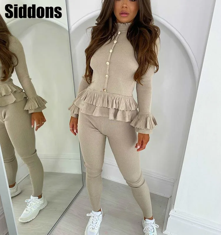

Женский однотонный топ с длинными рукавами и оборками и обтягивающие штаны, комплект повседневных женских комплектов