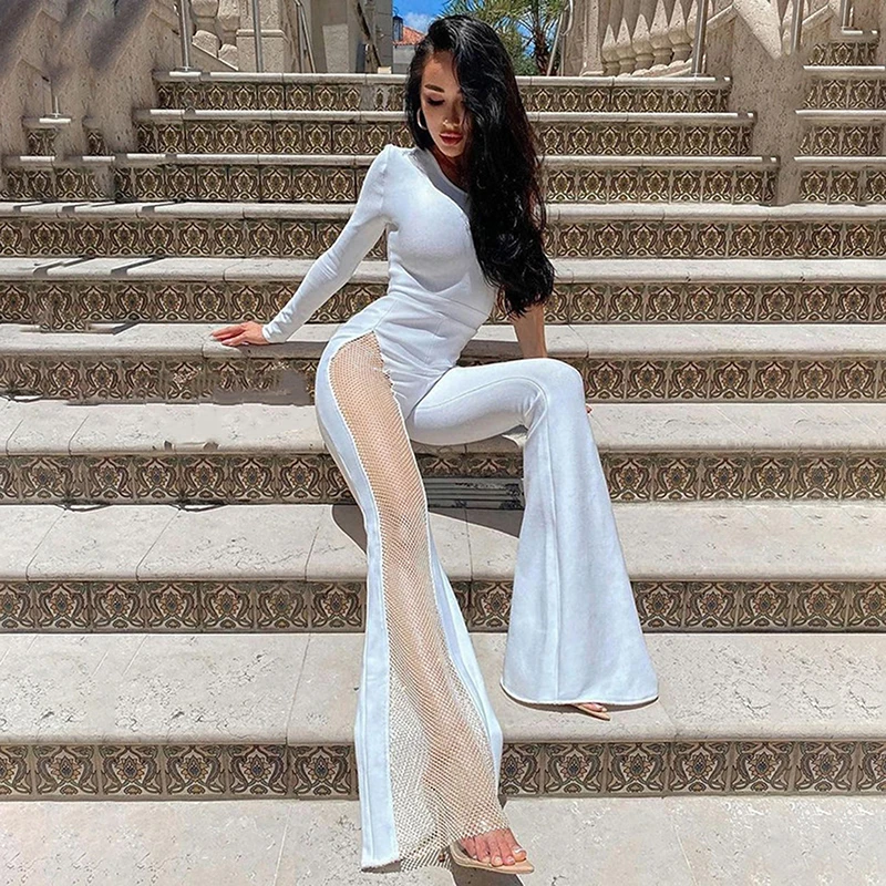 

Shiny Fishnet Stitching Jumpsuit Women One-Shoulder Bodycon Wide-Leg Flare Pants Jumpsuit Party Rompers Autumn Sexy White Black