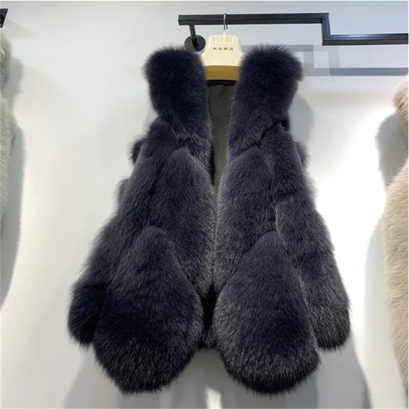 New Style Real Natural Fur Vest Women Fox Fur Coat Warm Thick Medium Long Winter Fur Vest Waistcoat enlarge