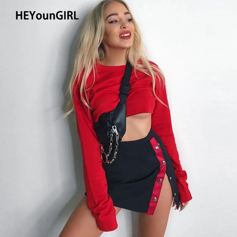 HEYounGIRL, на пуговицах, с разрезом сбоку, облегающая юбка с высокой талией, повседневная, Harajuku, обёрточная бумага, юбки, женская черная мини-юбка, женская уличная одежда