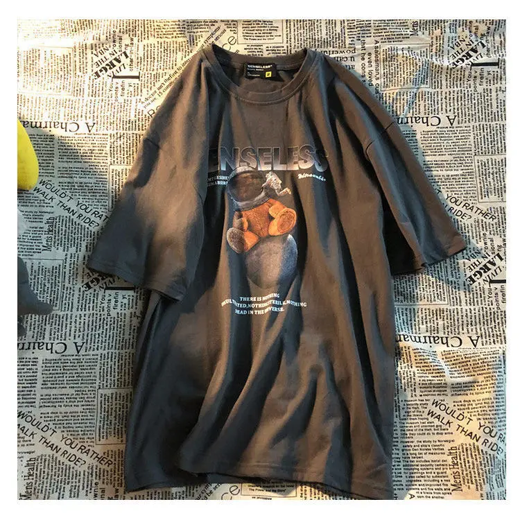 

Cotton summer short-sleeved T-shirt female Harajuku design sense bear niche American loose trend half-sleeved wild couple top