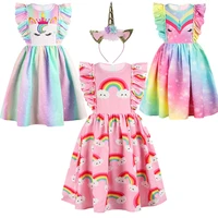 rainbow digital print feifei sleeve middle child dress cute princess skirt childrens holiday party performance show puffy dress