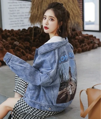 

ZQLZ Autumn Denim Jacket Women 2020 New Harajuku Vintage Loose Short Jeans Coat Female Print Casual Spring Jean Coats Mujer
