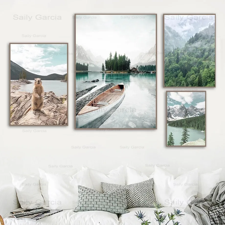 

Nature Landscape Canvas Painting Forest Tree River Boat Animal Poster Art Print Picture Wallpaper for Home Office Decoration