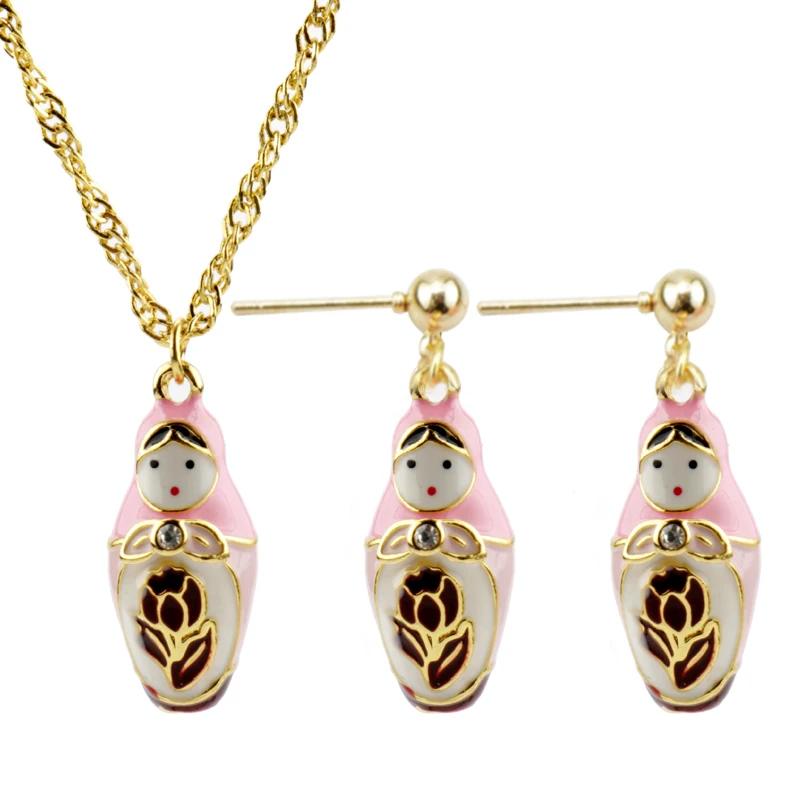 Винтаж Русская Матрешка Металлические ожерелья покрытые эмалью милый JapanToy кукла