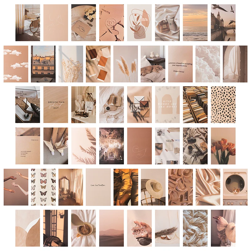 

50Pcs Beige Aesthetic Pictures for Wall Collage Boho Cards Cream Collage Print Kits Warm Color Room Wall Bedroom Decor for Girls