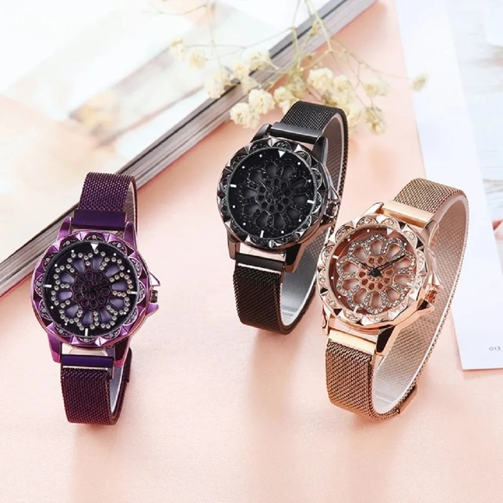 

Gaiety Ladies Trendy Brand Diamond Dial Rotate Starry Sky For Good Luck Watch Stainless Steel Mesh Magnetic Strap Reloj Mujer