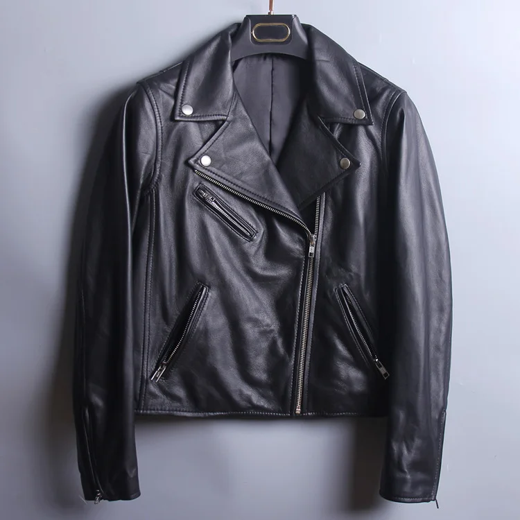 

Women's Genuine Leather Sheep skin jacket office lady style lapel slim fit short Motorcycle clothing autumn winter coat black