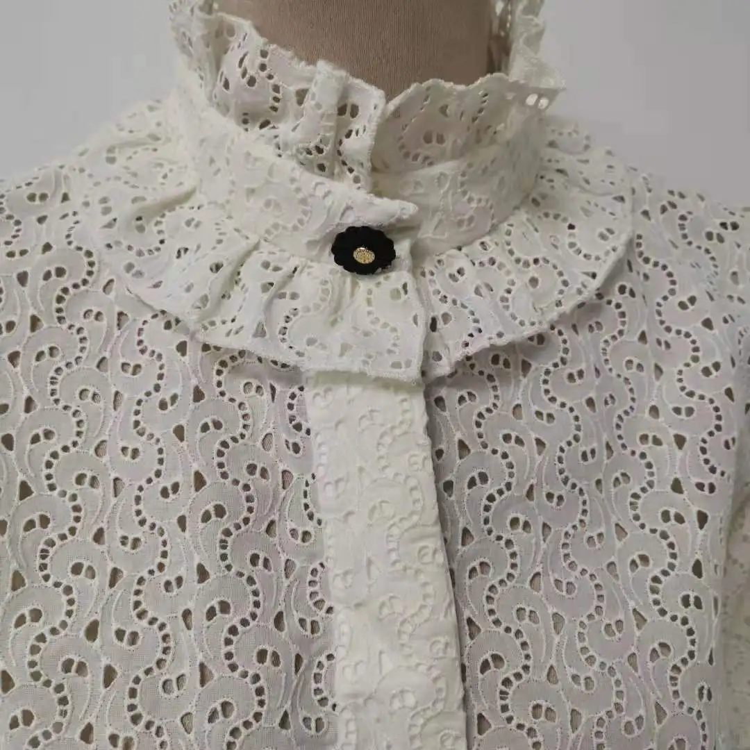 Женская белая рубашка с рукавами-фонариками и вышивкой весна-осень 2021 | одежда