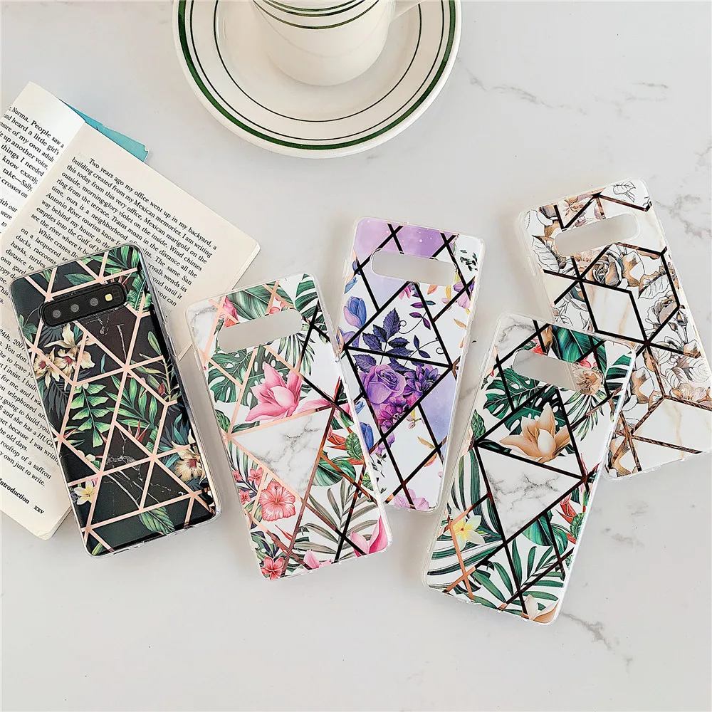 

Marble Flower Phone Case For Samsung Galaxy A40 A50 A70 A41 A51 Plated Geometric Flower and Leaf Soft Silicone Phone Case Shell