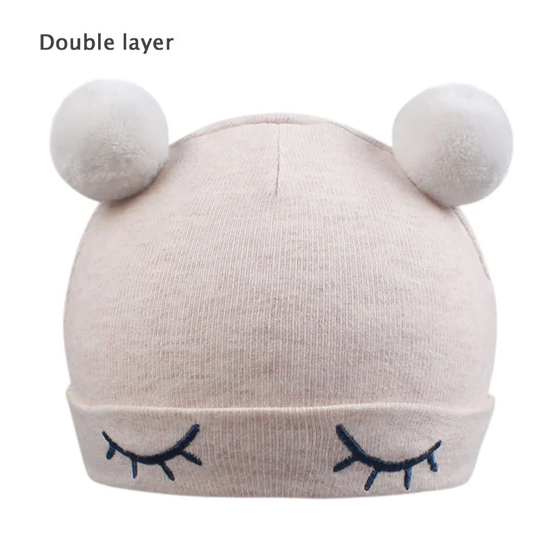 Double Khaki Ball Милая шапочка для новорожденных; хлопковая однотонная шапка для новорожденных мальчиков; шапка с медвежьими ушками и кроличьими ушками для маленьких девочек; шапочка для новорожденных; сезон весна-лето - Цвет: Double Khaki Ball