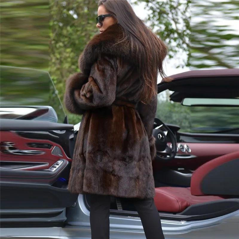 Fashion Winter Real Mink Fur Coat For Women With Big Fox Fur Lapel Collar Thick Warm Genuine Mink Fur Jacket Long With Fur Belt