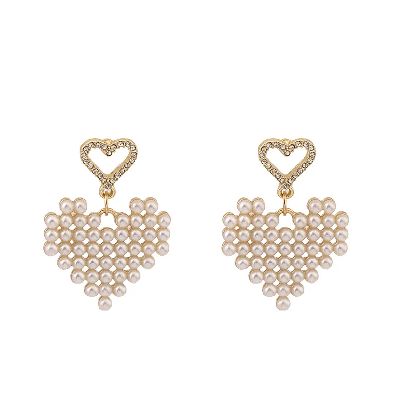 

Sweet Crystal Hollow Heart Hoop Dangle Earrings Imitation Pearl Love Heart Drop Earring for Women Girls Elegant Jewelry Gift