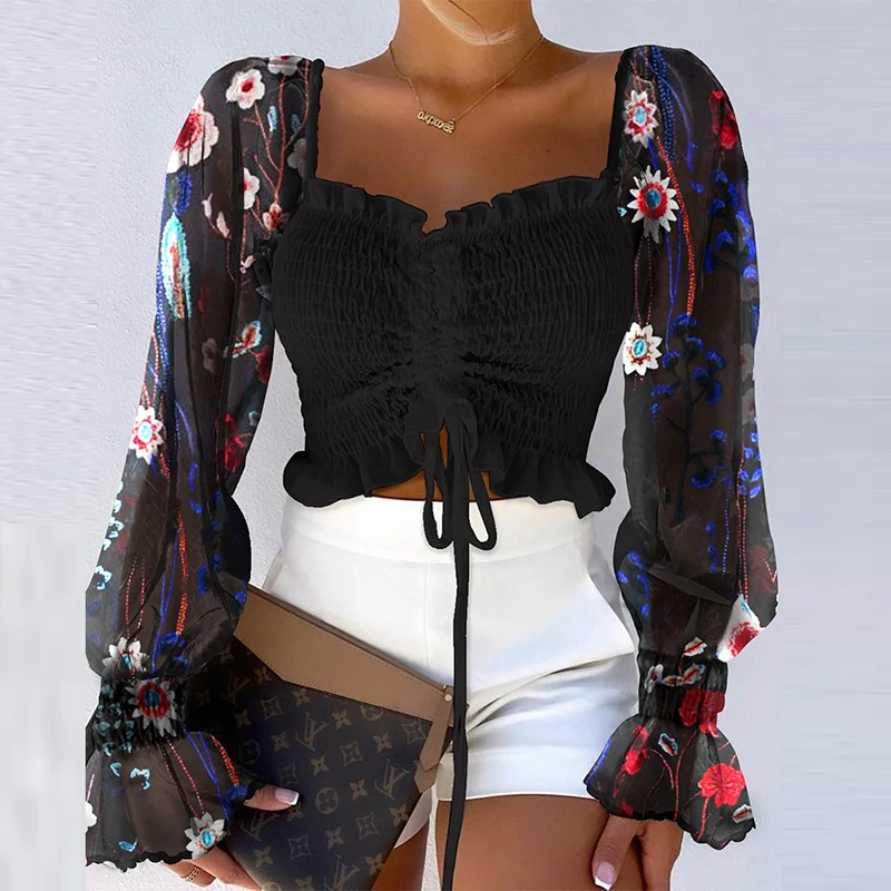 

Женская шифоновая блузка с длинным рукавом, элегантная привлекательная кружевная сетчатая блузка, модная однотонная плиссированная рубаш...