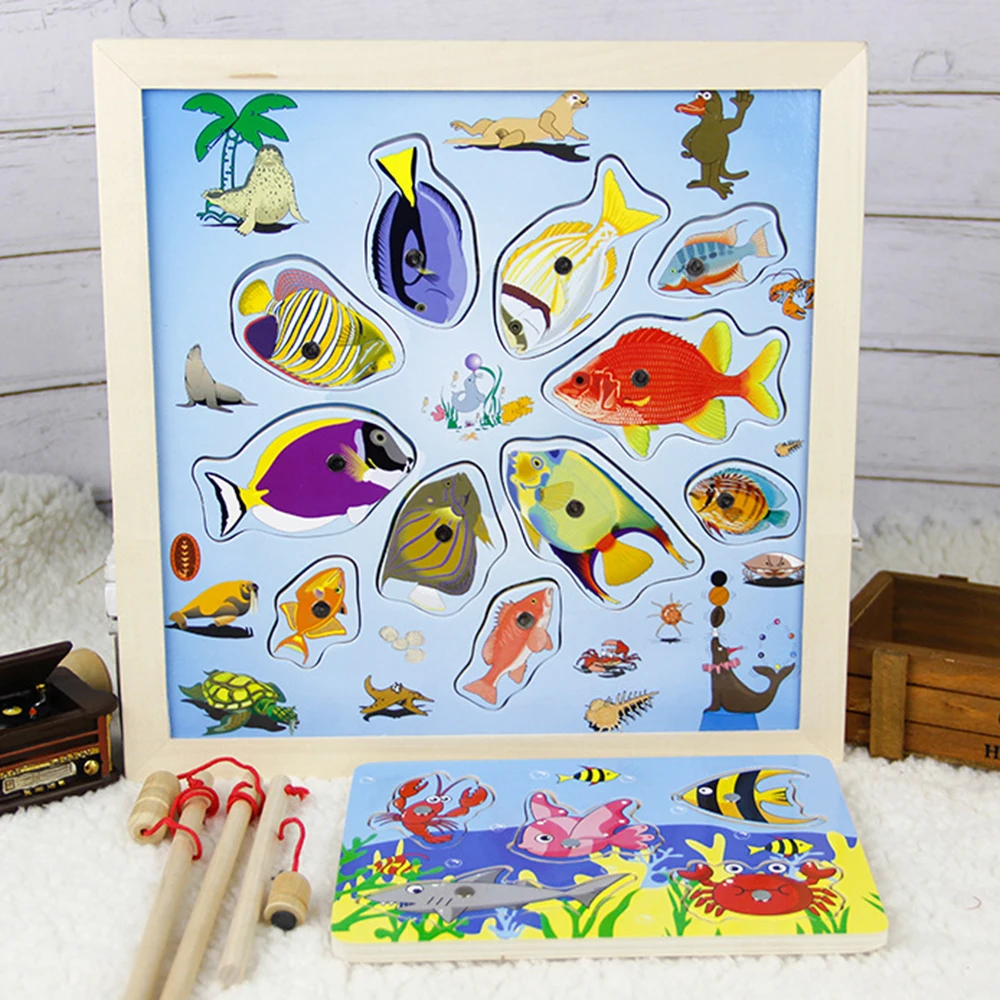 

New Wooden Magnetic Ocean Fishing Toy Game & Jigsaw Puzzle Board Juguetes Fish Magnet Toy Educational Outdoor Fun for Child Gift