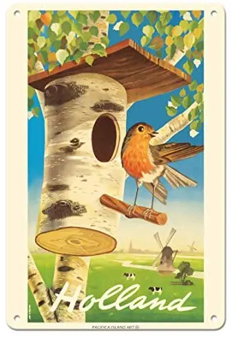 

Holland - Netherlands - Tree Trunk Birdhouse, Dutch Windmills by Cor Van Velsen c.1950s - Vintage Metal Tin Sign