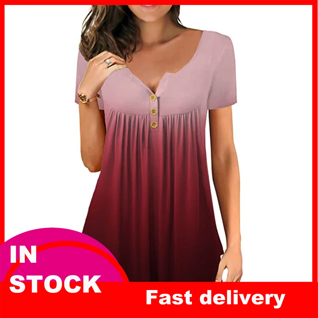 40 # градиент женская блузка короткий рукав на пуговицах летнее платье с О