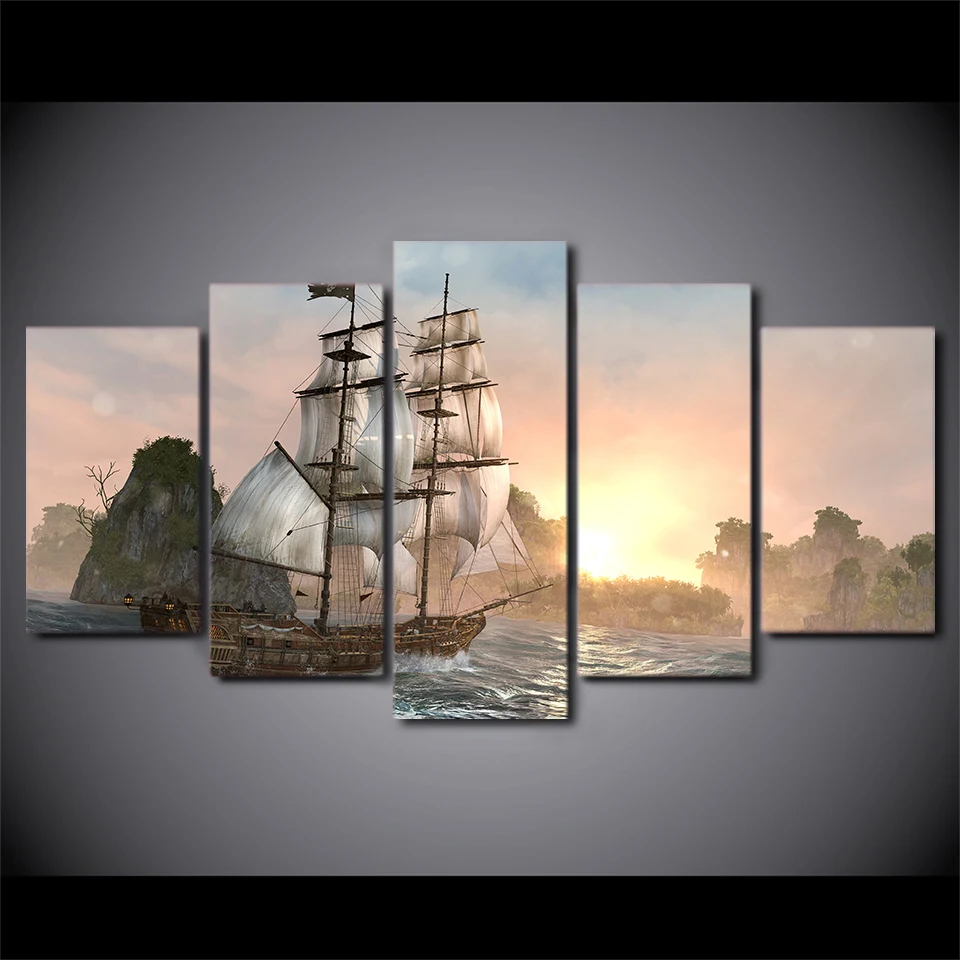 

Modern Decor Room Wall Frame 5 Pieces Ship Sea Sunset Sunshine Landscape Art Paintings Poster Modular Canvas HD Printed Pictures