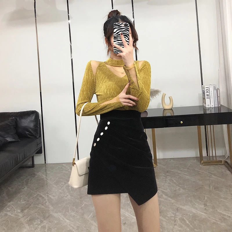 

Korean Style PU Leather Skirt Single Breasted Fold High Waist Buttock Irregular Skirts