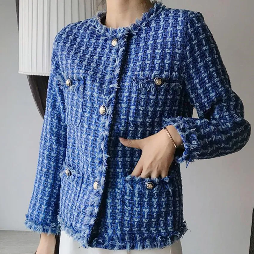 French style vintage small fragrance tweed short jacket women single breasted o-neck slim outwear