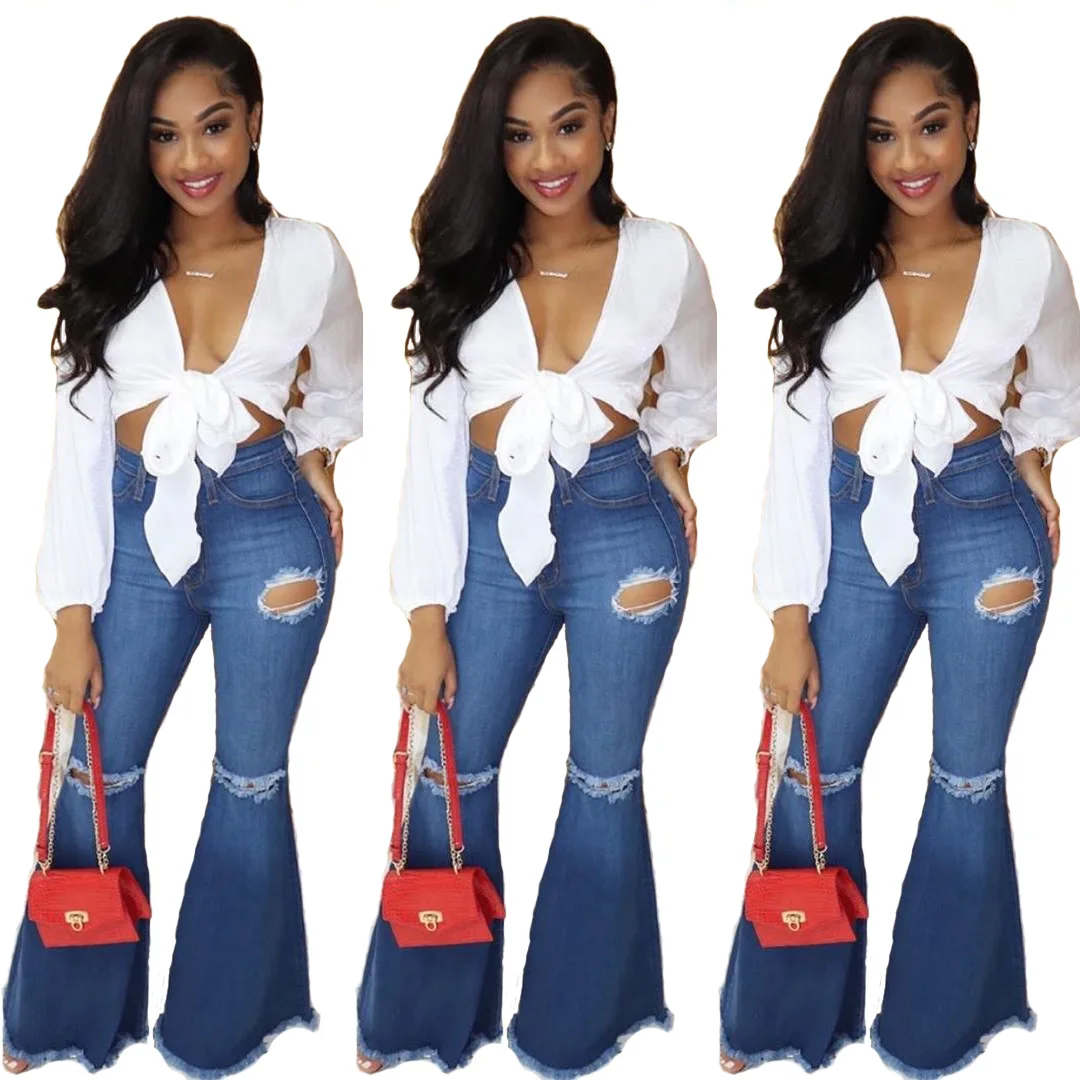 

Hot Selling European And American-Style Versatile Fashion Retro Flash Trousers with Holes Horn Wide-Leg Cowboy Pants